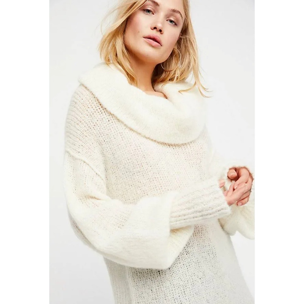 Free People Alpaca Ophelia Ivory Cowl Neck Cozy Tunic Sweater Ribbed Knit Size M - Picture 1 of 9